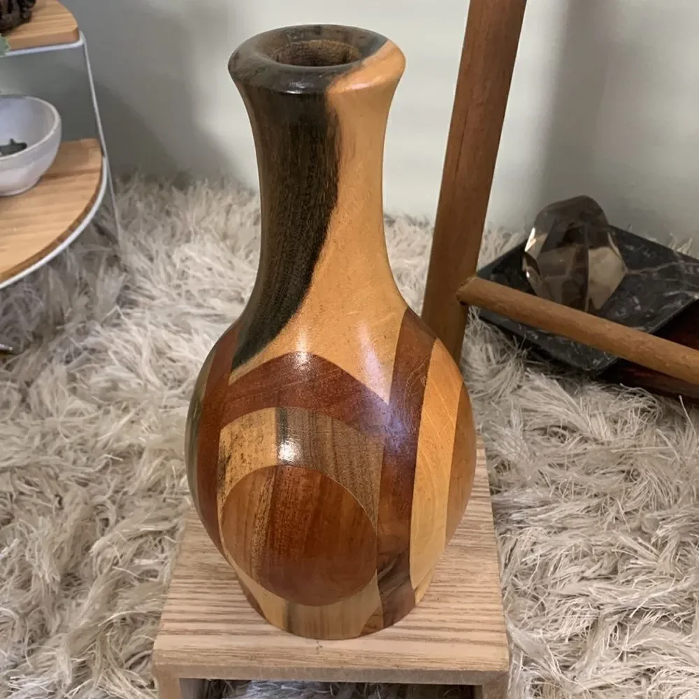 Decorative Handcrafted Wooden Vase Unsigned Made With Multiple Varieties Of Wood